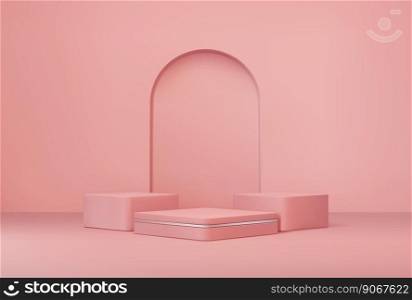 Pink or coral podium. Studio showroom pedestal, fashion showcase or cosmetics product presentation 3d realistic vector mockup. Exhibition gallery empty square podiums on pink or coral background. Pink or coral podium, studio showroom pedestal