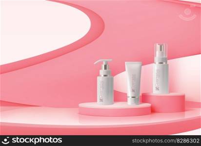 Pink or coral podium with cosmetics. Vector background with natural moisturizing cosmetic product bottles. Cream tubes luxury skin or face care production mockup standing in studio showroom interior. Pink or coral podium with cosmetics, background