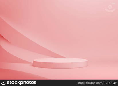 Pink or coral round podium. Fashion shop showcase mockup scene, cosmetics product presentation pedestal. Exhibition gallery space realistic vector pink color background with empty podium. Pink or coral round podium, empty pedestal