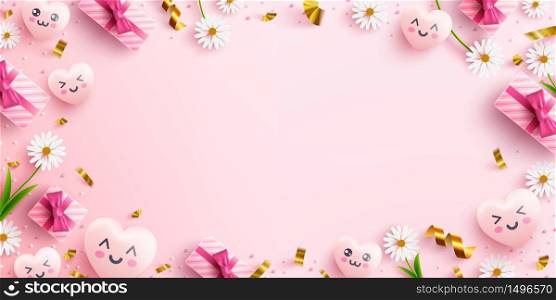 Pink or Love background concept with sweet hearts,flower,pink gift box and lovely element on pink background.Promotion and shopping template or background for Love concept.Vector illustration eps 10