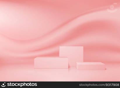 Pink or peach color podium vector mockup with smooth wave on wall. Realistic display stand, pedestal or platform with geometric base on pastel background. 3d cosmetic product podium or award pedestal. Pink or peach color podium vector mockup