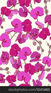 Pink orchid floral seamless pattern. Flowers bloom blossom foliage bouquet on white background.