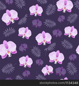 Pink orchid flowers and palm branch on the purple background vector seamless pattern