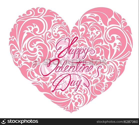 Pink ornamental floral heart with calligraphic text Happy Valentine`s Day, isolated on white background.