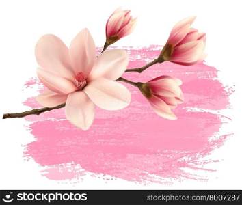 Pink paint magnolia branch banner. Vector.