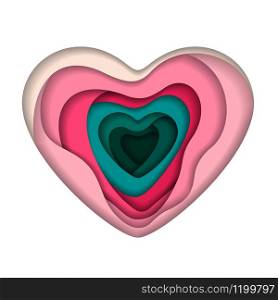 Pink paper art heart shape isolated on white background. Valentine&rsquo;s Day design for greeting card, poster or banner. 3D abstract icon. Vector illustration.. Pink paper art vector heart shape isolated on white background.