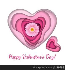 Pink paper art heart shape with flower isolated on white background. Valentine&rsquo;s Day design for greeting card, poster or banner. 3D abstract icon. Vector illustration.. Pink paper art vector heart shape isolated on white background.