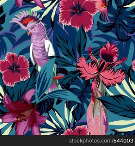 Pink parrot tropical flowers and plants blue background. Seamless beach vector wallpaper