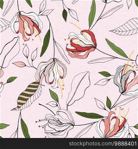 Pink pastel blooming  Flowers lily with green leaves. Realistic isolated seamless floral pattern for textile, fashion, fabric, web, wallpaper, wrapping, cover. Hand drawn wallpaper botanical print.  Vector illustration.