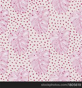 Pink pastel colors seamless pattern with monstera leaves print. Grey dotted background. Simple style. Decorative backdrop for fabric design, textile print, wrapping, cover. Vector illustration.. Pink pastel colors seamless pattern with monstera leaves print. Grey dotted background. Simple style.