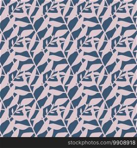 Pink pastel leaf branches ornament seamless pattern. Dark navy blue background. Creative print. Designed for wallpaper, textile, wrapping paper, fabric print. Vector illustration.. Pink pastel leaf branches ornament seamless pattern. Dark navy blue background. Creative print.