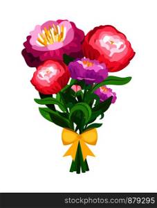 Pink peonies bouquet with yellow bow on white background. Vector illustration. Pink peonies bouquet