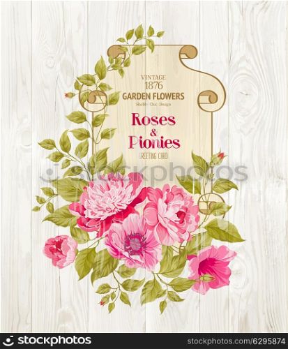 Pink peony background with a vintage label over wooden wall. Vector illustration..