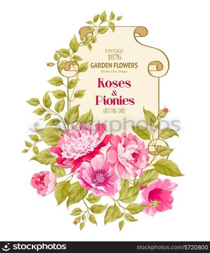 Pink peony background with a vintage label. Vector illustration.