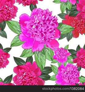 Pink peony.Seamless pattern with beautiful realistic flowers on a white background.Green leaves.Can be used for print textile,fabric,wrapping paper.. Pink peony.Seamless pattern
