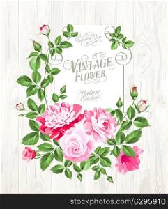Pink peony with a vintage label over wooden texture. Vector illustration.