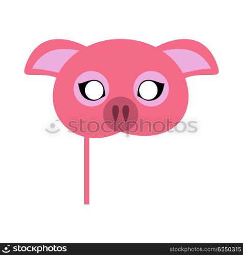 Pink Pig Domestic Animal Carnival Mask. Vector. Pig carnival mask vector illustration in flat style. Pink pig domestic animal face. Funny childish masquerade mask isolated on white. New Year masque for festivals, holiday dress code for kids