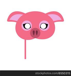 Pink Pig Domestic Animal Carnival Mask. Vector. Pig carnival mask vector illustration in flat style. Pink pig domestic animal face. Funny childish masquerade mask isolated on white. New Year masque for festivals, holiday dress code for kids