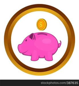 Pink pig money box vector icon in golden circle, cartoon style isolated on white background. Pink pig money box vector icon