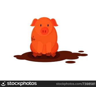Pink pig or piglet sitting in dirty puddle flat vector illustration isolated on white. Domestic farm animal colored poster in funny cartoon style.. Funny Pink Pig in Dirty Puddle Vector Illustration