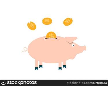 Pink Pig piggy bank with falling coins - Contribution to the Future. Vector Ilustration. EPS10. Pink Pig piggy bank with falling coins - Contribution to the Fut