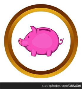 Pink piggy bank vector icon in golden circle, cartoon style isolated on white background. Pink piggy bank vector icon