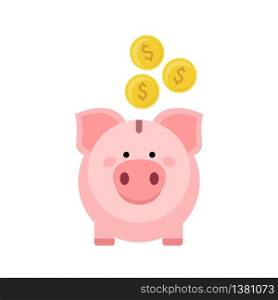 Pink piggy bank with falling golden coins isolated on white background. Pig Icon saving or accumulation of money. Concept of banking or business services. Vector stock.