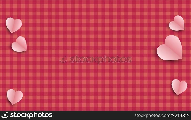 Pink plaid fabric background with a pink heart is paper cut style and the space for text. for use a design background greeting cards, greeting writing, Valentine's Day, love concept. marriage wedding.