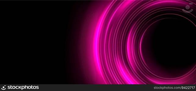 Pink planet ring neon light effect with circle line sparkle. Digital energy twirl with magic flare expansion. Space curve orbit vector illustration. Abstract galaxy element circular disk shape frame. Pink planet ring neon light effect with sparkle