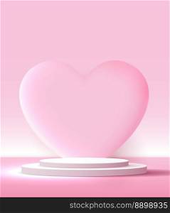 Pink podium display background products for valentine&rsquo;s day in love platform. stand to show cosmetic with craft style. symbols of love for happy. vector design.
