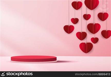 Pink podium display background products for valentine&rsquo;s day in love platform. stand to show cosmetic with craft style. symbols of love for happy. vector design.