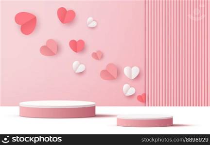 Pink podium display background products for valentine’s day in love platform. stand to show cosmetic with craft style. symbols of love for happy. vector design.