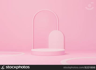 Pink podium with arch on background, product display round stand, vector base platform. Pink 3D podium with arch for cosmetic with studio light, pastel pink scene with round pedestal stage. Pink podium with arch background, product display