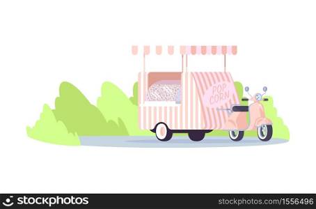 Pink popcorn cart semi flat RGB color vector illustration. Food festival store. Mobile shop to sell streetfood. Buy festive snack in city fair. Food truck isolated cartoon object on white background. Pink popcorn cart semi flat RGB color vector illustration