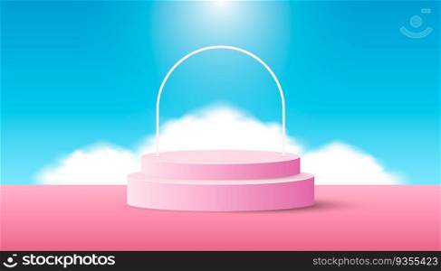 Pink Product Podium with cloud on blue sky. Suitable For Web Banners, Diagrams, Infographics, Book Illustration, Social Media, and Other Graphic Assets