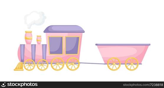 Pink-purple cartoon train for children isolated on white background, colorful train in flat style, simple design. Flat cartoon colorful vector illustration.