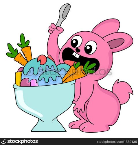 pink rabbit is eating ice cream. cartoon illustration sticker emoticon