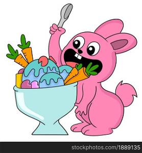 pink rabbit is eating ice cream. cartoon illustration sticker emoticon
