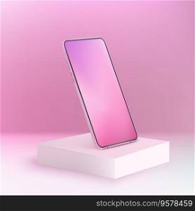 Pink realistic smartphone mockup on square podium. 3d mobile phone with gradient screen. Modern cell phone template on purple background. Illustration of device 3d screen. Pink realistic smartphone mockup on square podium. 3d mobile phone with gradient screen. Modern cell phone template on purple background
