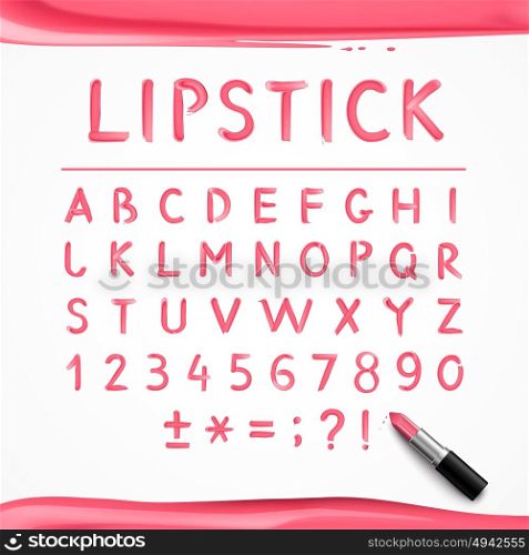 Pink Red Glossy Lipstick Alphabet Poster . Pink red glossy english alphabet letters and mathematical symbols hand drawn with lipstick realistic poster vector illustration