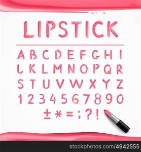Pink Red Glossy Lipstick Alphabet Poster . Pink red glossy english alphabet letters and mathematical symbols hand drawn with lipstick realistic poster vector illustration