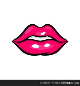 Pink red woman smile lips in pop art style isolated on white background. Cartoon girl make up vector illustration. Sexy pop art lips sticker with. Vintage cartoon pop art of girl pink lips.. Pink red woman lips in pop art style.