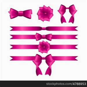 Pink Ribbon and Bow Set for Birthday and Christmas Gift Box. Realistic Silk Ribbon Decoration. Vector Illustration EPS10 . Pink Ribbon and Bow Set for Birthday Christmas Gift Box. Rea