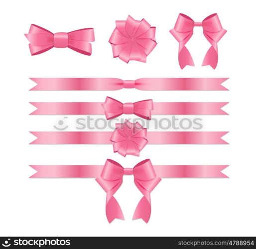 Pink Ribbon and Bow Set for Birthday and Christmas Gift Box. Realistic Silk Ribbon Decoration. Vector Illustration EPS10