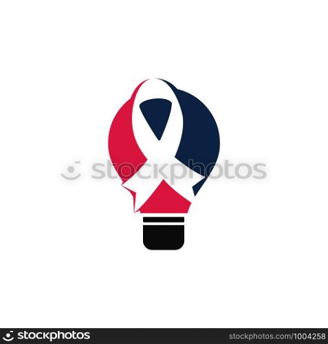 Pink ribbon and bulb vector logo design. Fighting Breast Cancer Idea with realistic glowing light bulb.