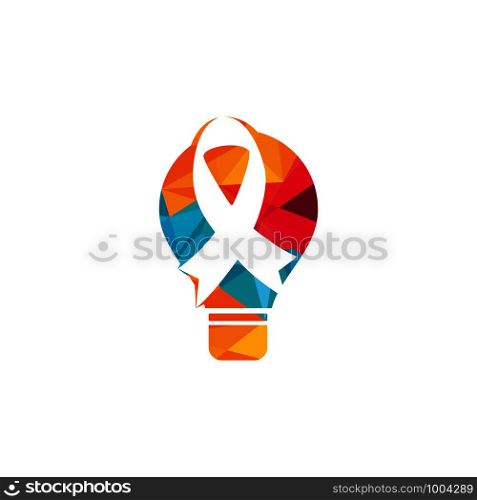Pink ribbon and bulb vector logo design. Fighting Breast Cancer Idea with realistic glowing light bulb.
