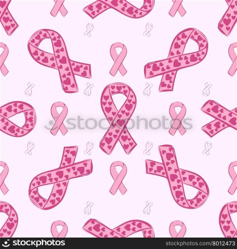 Pink ribbon and heart seamless pattern. World day against cancer. World day of fight against AIDS. Medicine and health care. Pink ribbon and heart seamless pattern