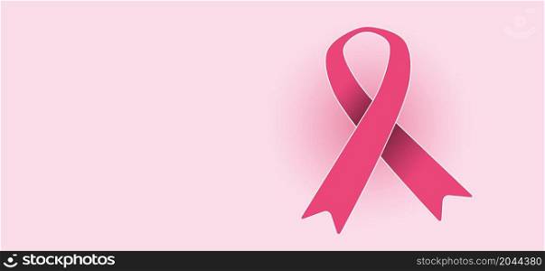Pink ribbon and rose background banner. National world breast cancer awareness month. October, prevention month concept. Ribbons pictogram. Womens health symbol.