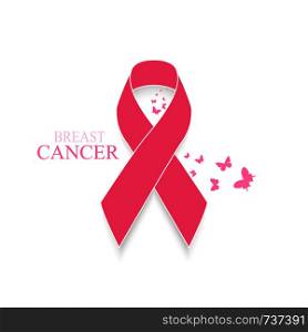 Pink Ribbon. Breast Cancer Awareness with Butterfly. Vector background