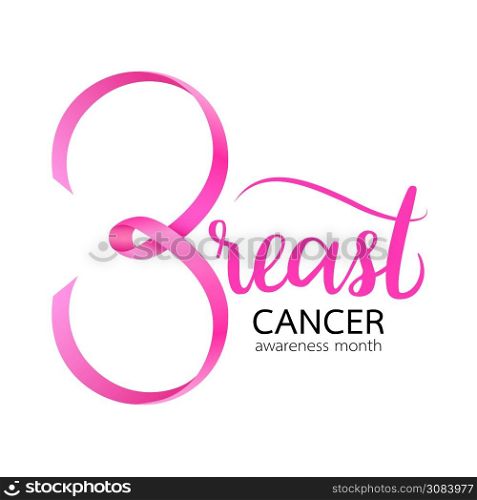 Pink ribbon curve in breast shape. Breast Cancer Awareness Month Campaign. Icon design. Vector illustration isolated on white background.